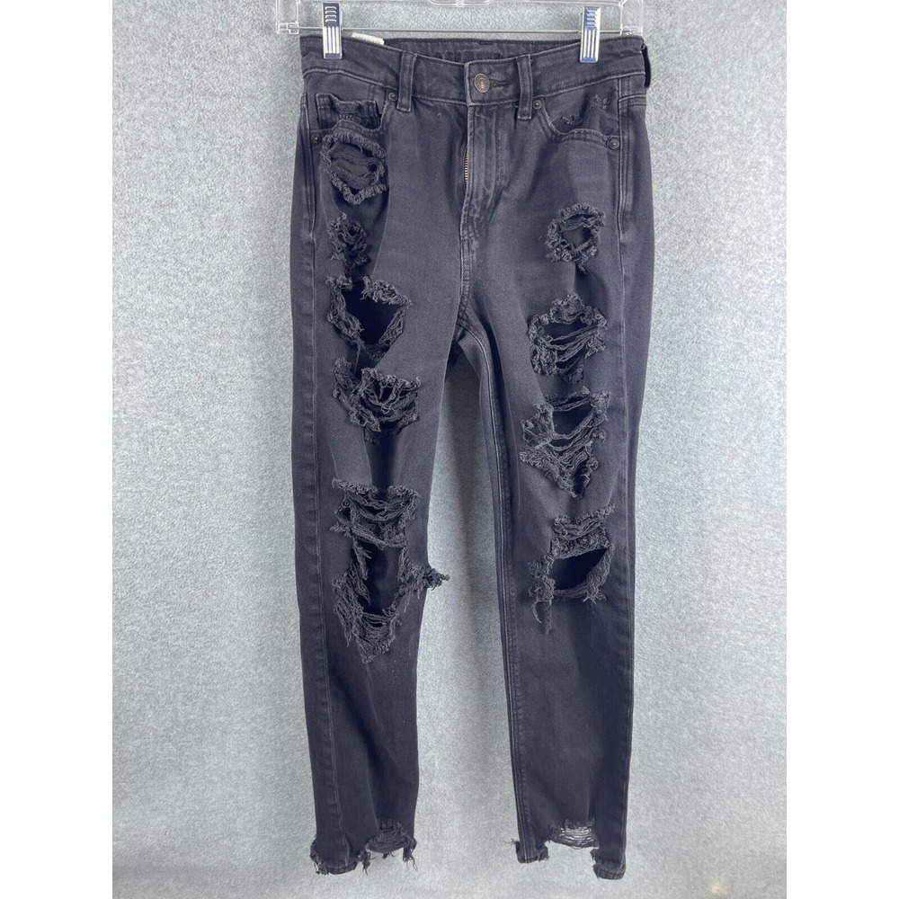 American Eagle Mom Jeans Women's 0 Black‎ Distressed Strigid High Rise 90s